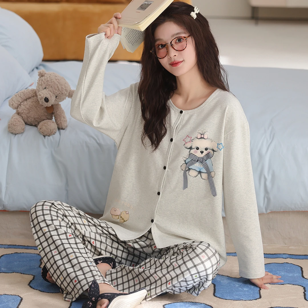 卡之恋春秋新款圆领开衫长袖纯棉浅灰格子可外穿家居服【四季薄款】