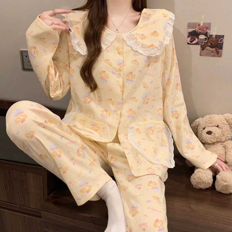 睡衣女春秋季薄款长袖可爱云朵棉2025新款家居服甜美风套装小狗