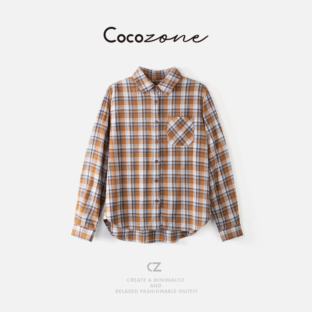 COCO ZONE 刘一一【100棉】翻领格纹长袖复古衬衫 CD2A2092