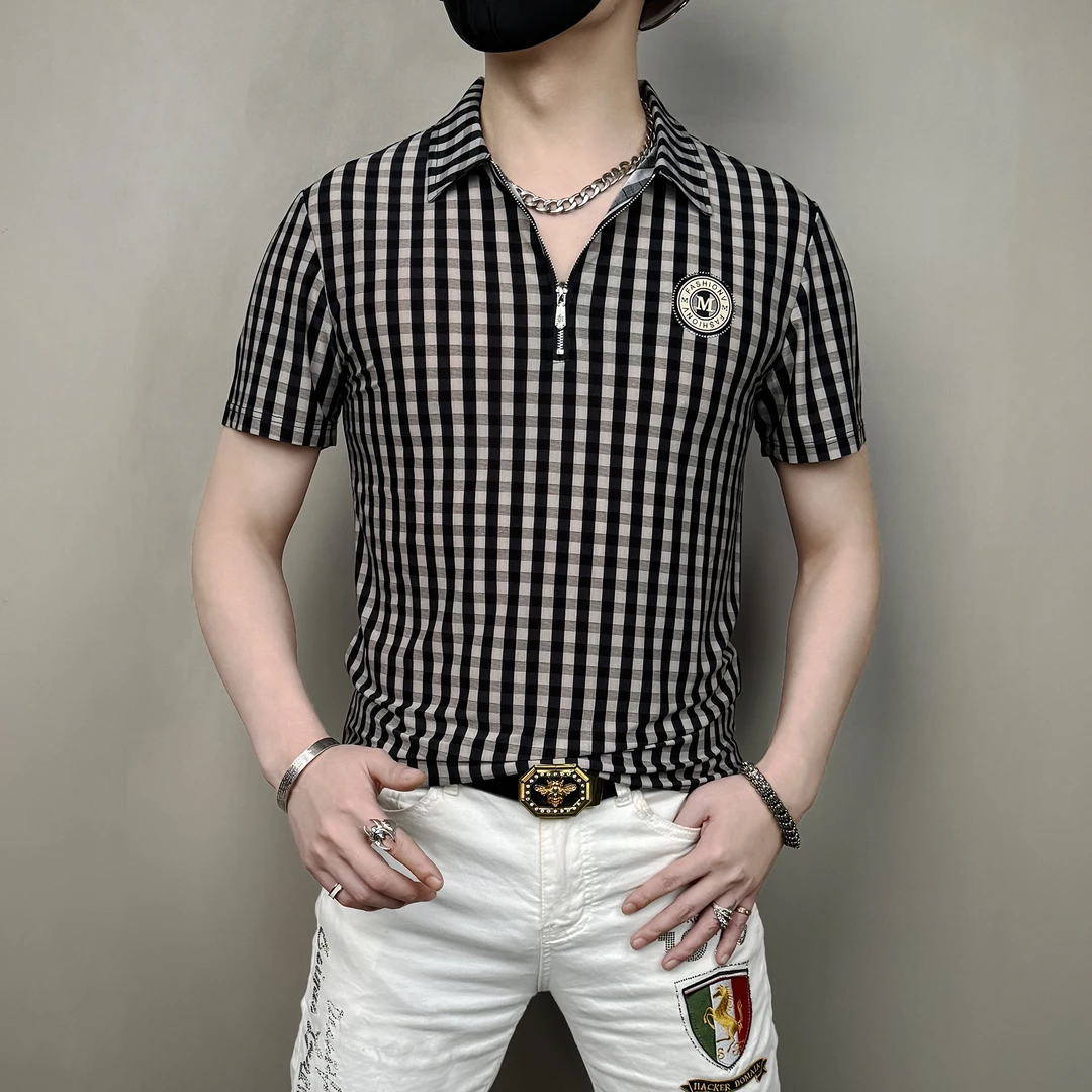 夏季欧若风轻奢潮流品质时尚网红个性男士烫钻百搭半拉链翻领短袖