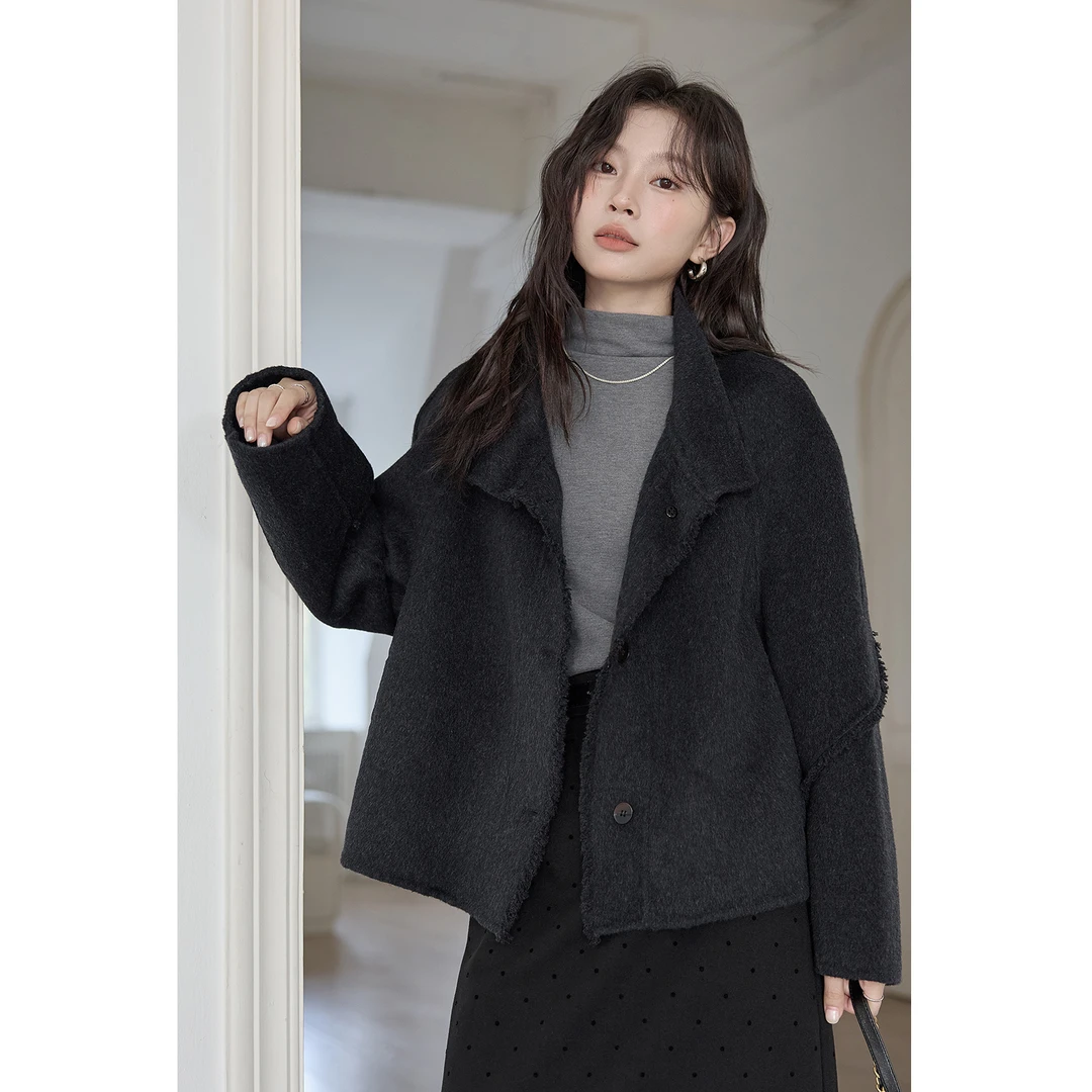 GUIER/桂儿 双面毛呢外套女2025秋冬高级感毛边百搭大衣SS28647