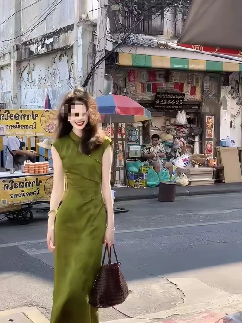 0841 芥末绿 水滴 斜襟 盖肩袖 新中式 旗袍