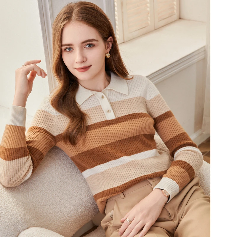 MIHUANG/米皇2025新款琥珀流光100山羊绒翻领条纹羊绒女衫632284