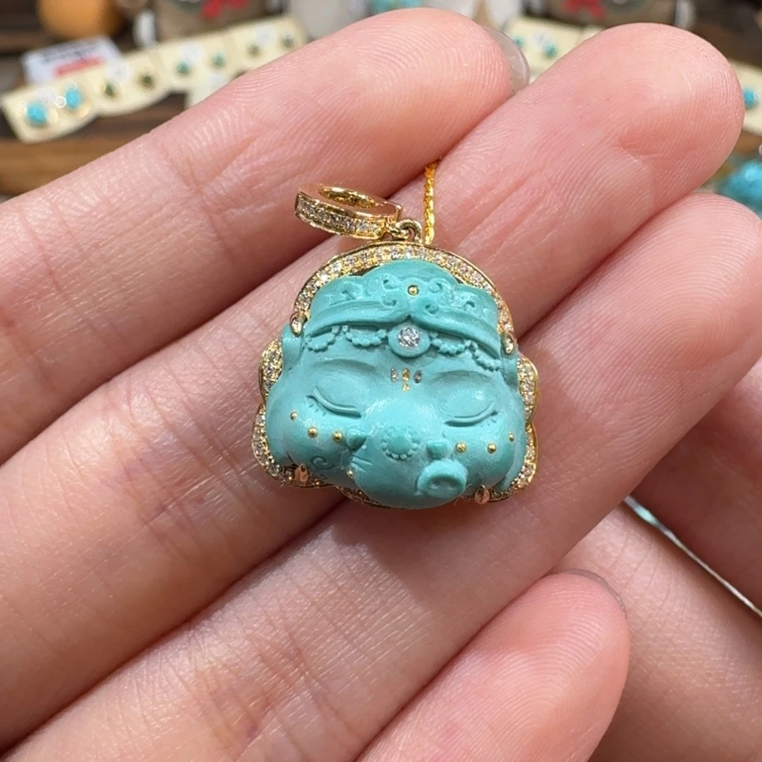 绿松石18K金镶嵌吊坠(不含链)象神