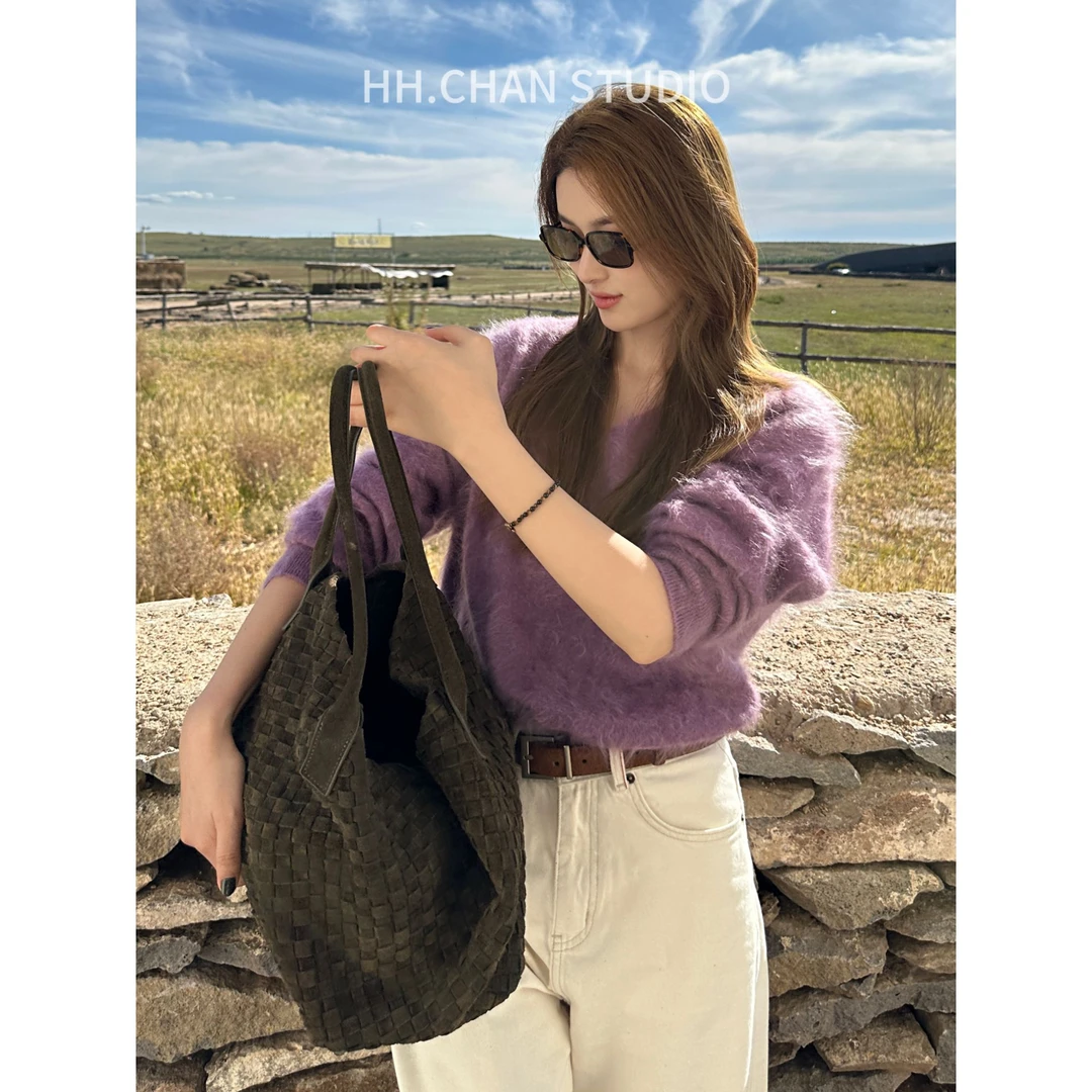 HH.CHAN"软葡"100%山羊绒雾感宽松型紫色针织V领毛衣HH53G38288