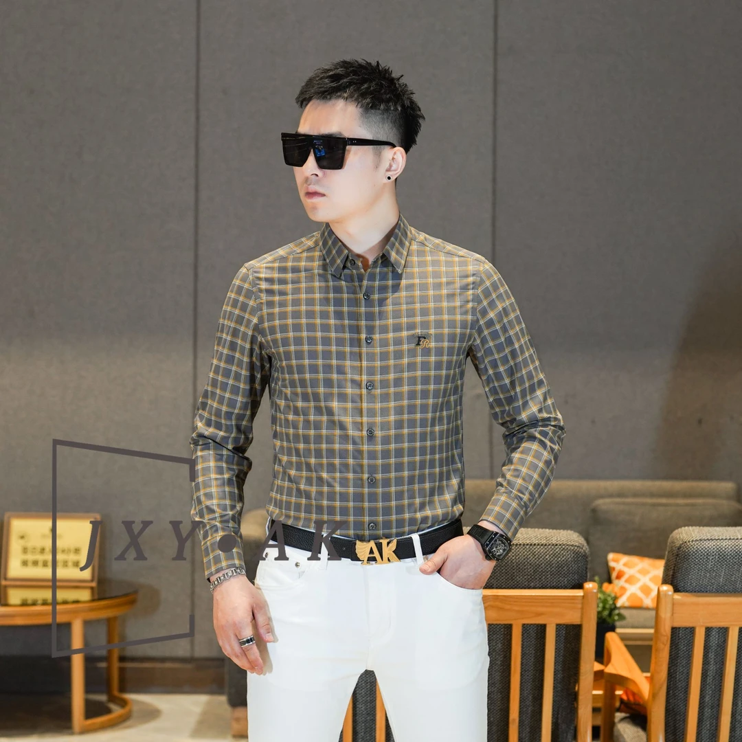 AK/2025长袖衬衫秋季休闲百搭时尚商务男士潮流翻领格纹衬衣男装