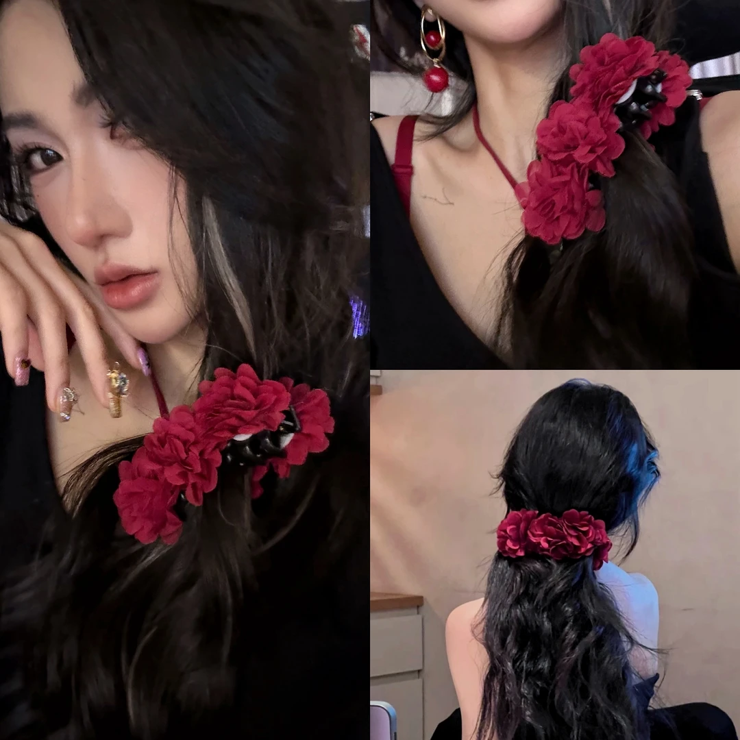 【浠儿家】红色玫瑰花香蕉夹竖夹发量多高马尾发夹度假风森系发饰