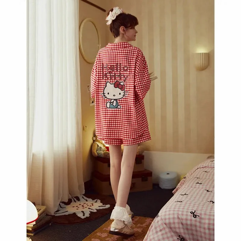 【Gokoo同款】睡衣夏季HelloKitty联名格纹纯棉女士家居服套装