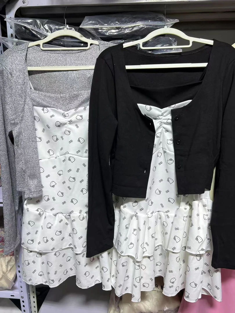 春季新款kt猫修身显瘦气质温柔风吊带连衣裙+开衫外套两件套