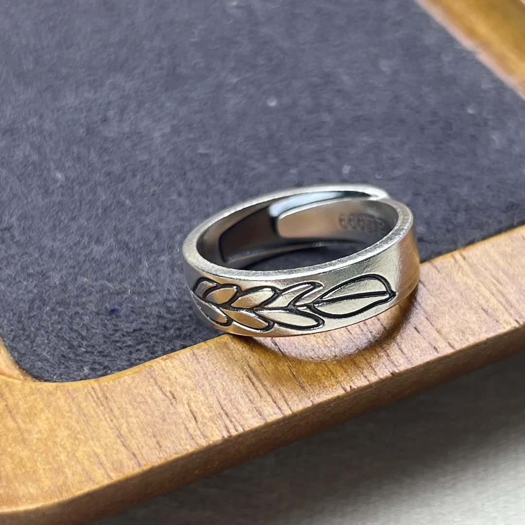 足银戒指 足银999雕刻小草复古国风开口可调节戒指首饰指环