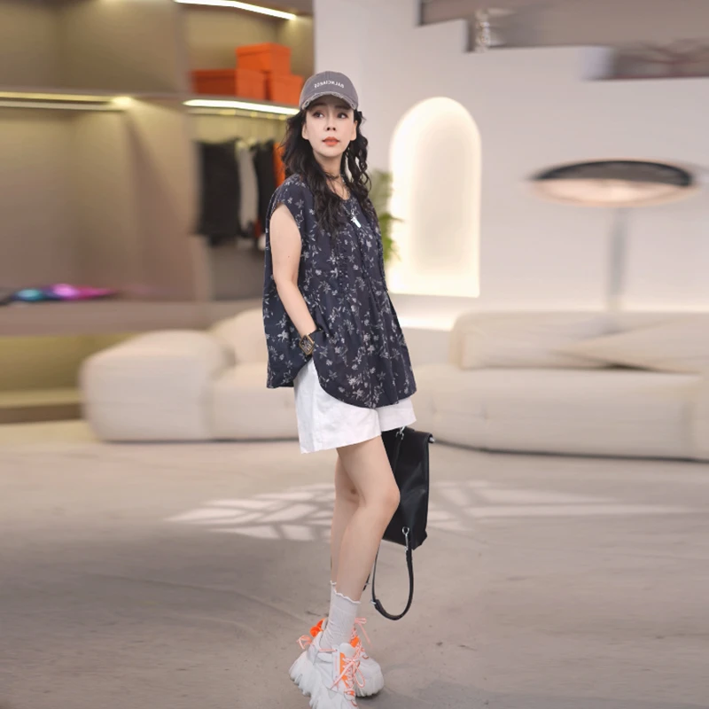 宽松印花衬衫木耳夏装免烫夏季复古无袖碎花连衣裙516