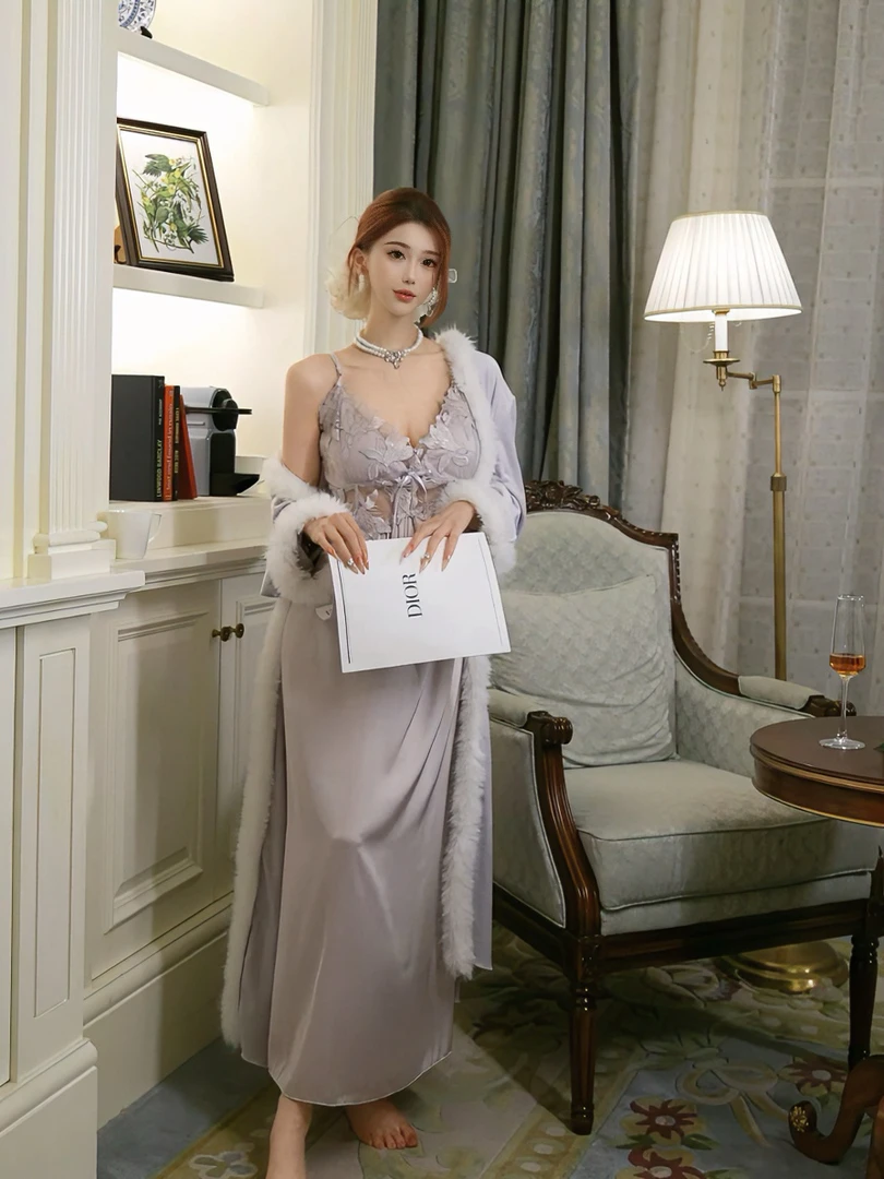 【克拉恋人】秋冬法式加绒加厚睡袍吊带长裙女性感纯欲高级新款