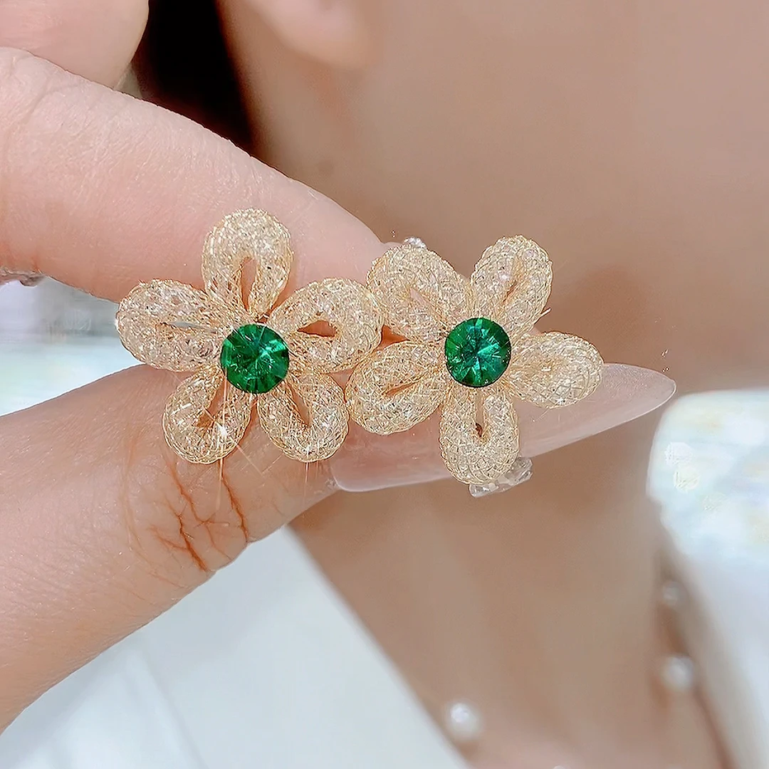 铜合金玻璃耳饰 050-温柔S925银针心花怒放轻奢复古绿色花花耳环
