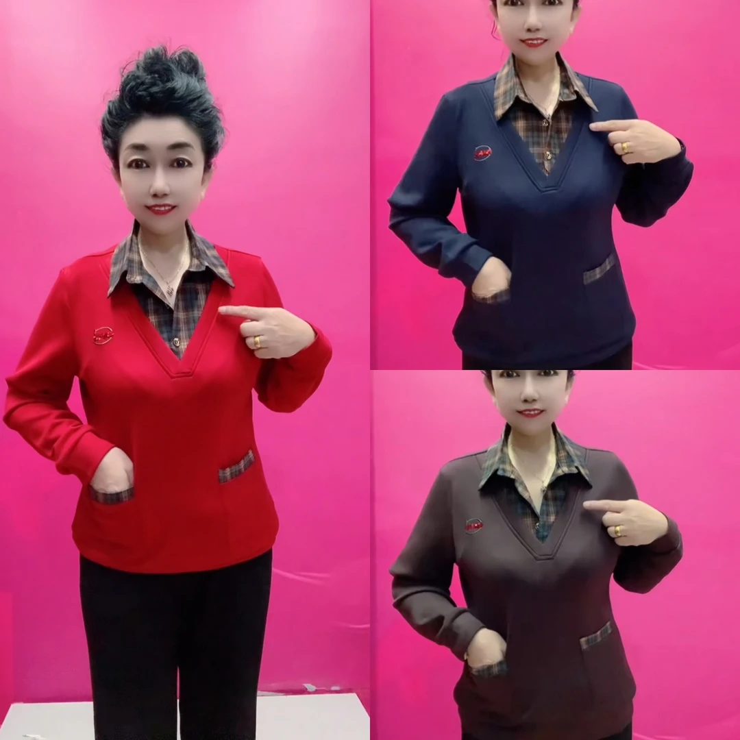 秋季新款翻领假两件长袖上衣气质百搭休闲减龄妈妈装