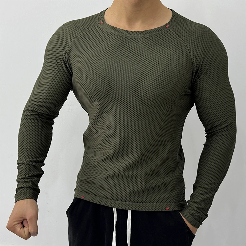 无缝提花高弹泡泡布运动长袖男透气速干衣跑步健身训练服秋季T恤