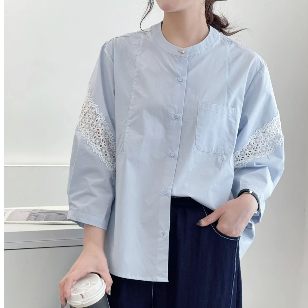 千百蔚春季蕾丝圆领短袖拼接立领衬衫薄款文艺设计感七分袖衬衣