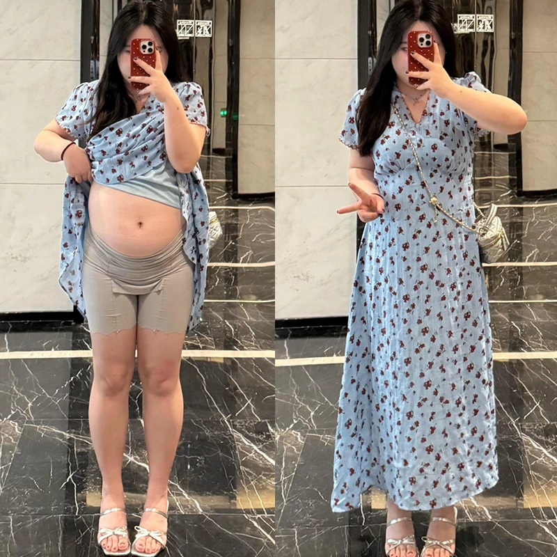 夏季新款修身显瘦甜辣风A字裙女纯欲气质设计感印花V领短袖连衣裙