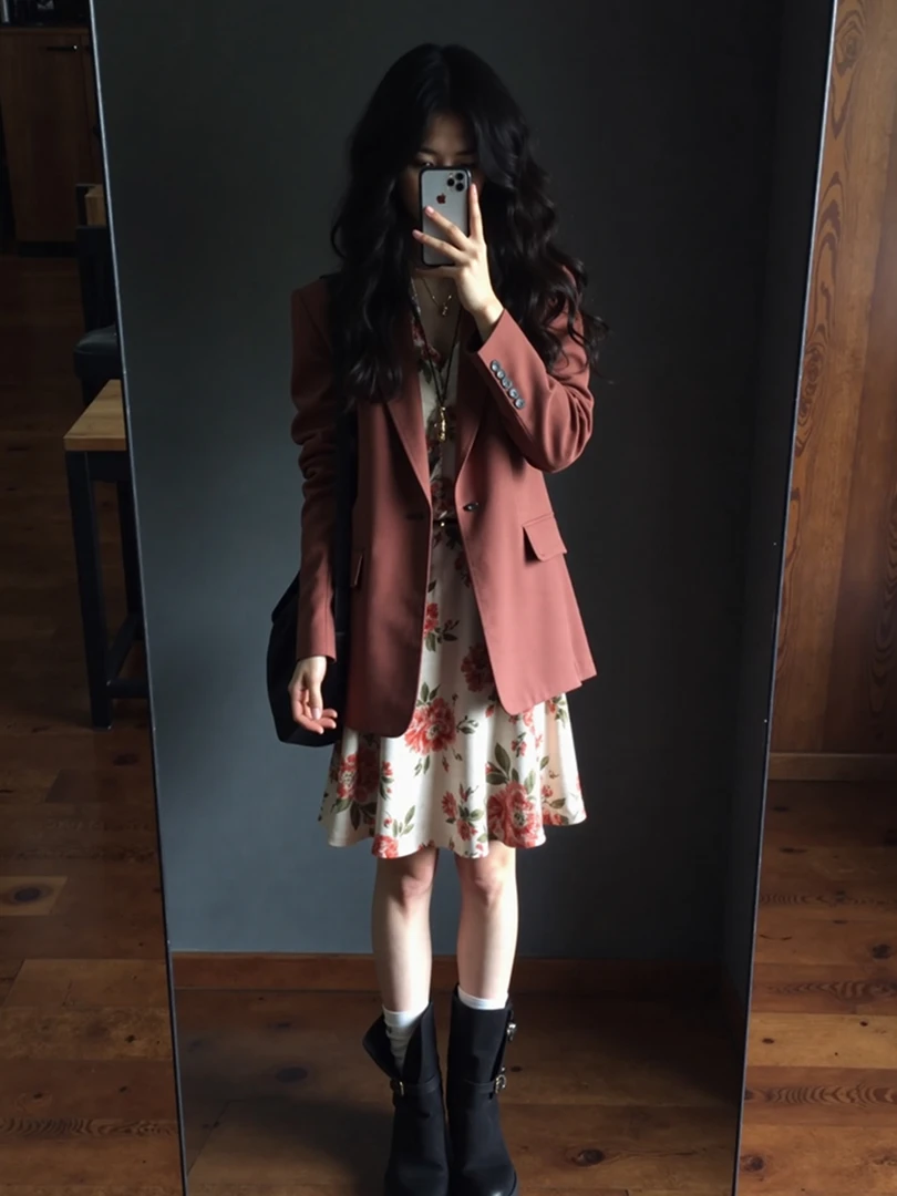 复古国风豆沙红色西装套装女秋季新款轻奢小众超好看气质连衣裙子