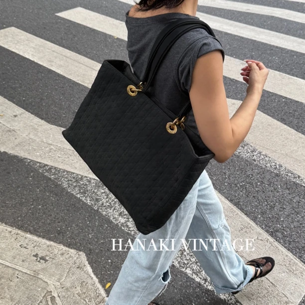 95新 DIOR/迪奥 花绮中古/Dior黑色菱格帆布托特包