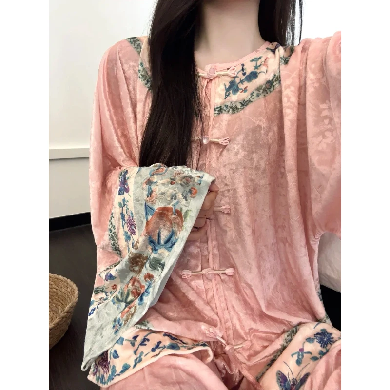 新中式温柔少女国风金丝绒花卉睡衣女秋冬新款长裤长袖家居服套装
