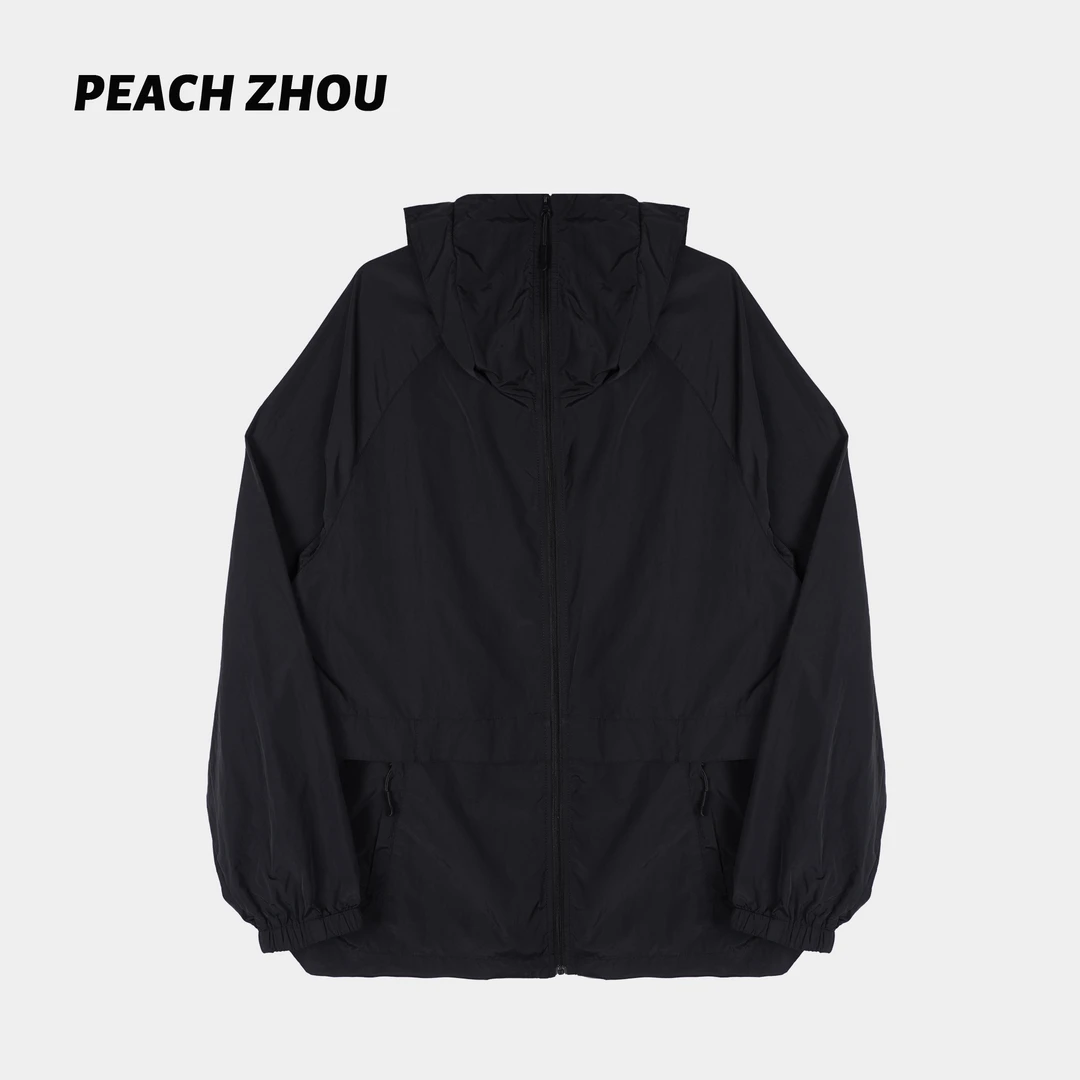『PEACHZHOU』户外山系纯色宽松连帽拉链外套休闲百搭防晒皮肤衣女