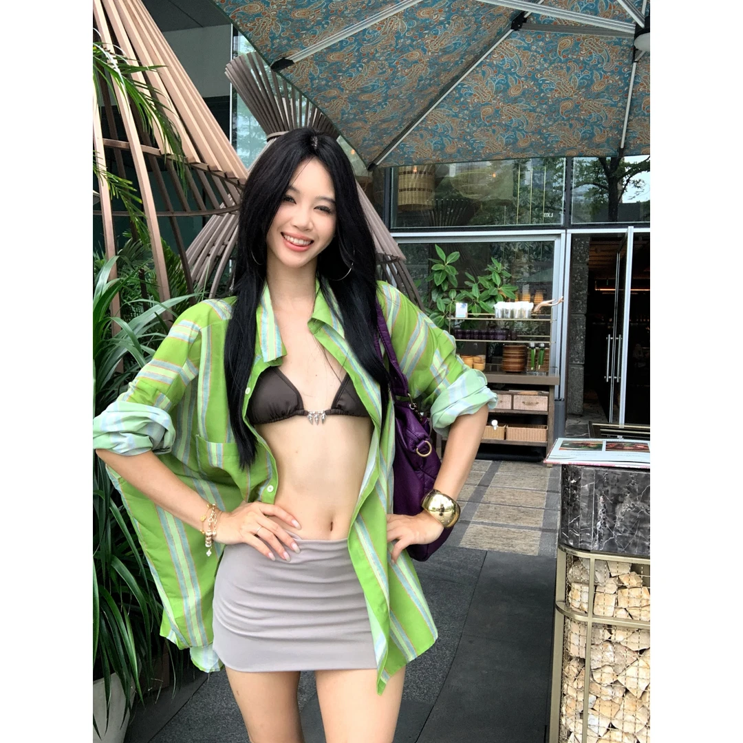 韩版松弛感条纹polo领衬衫内搭短款背心套装女弹力包臀裤裙三件套