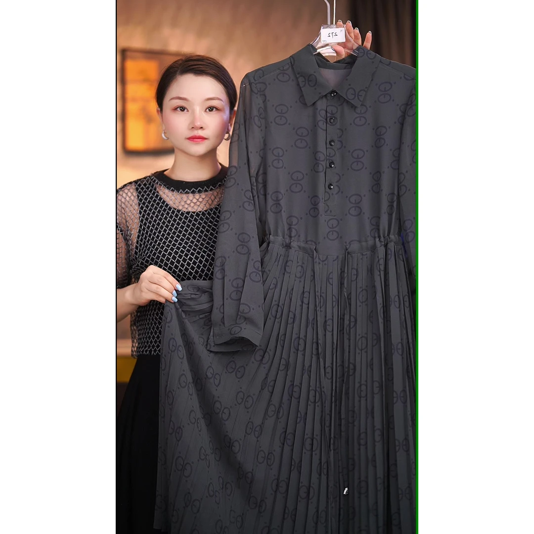 C58灰色高定长袖宽松连衣裙女装连衣裙显瘦碎花长款