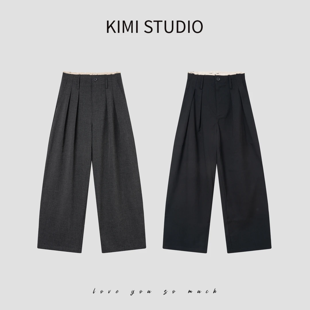 AW25088  秋冬设计师款拼接毛边高腰压缩羊毛休闲西裤