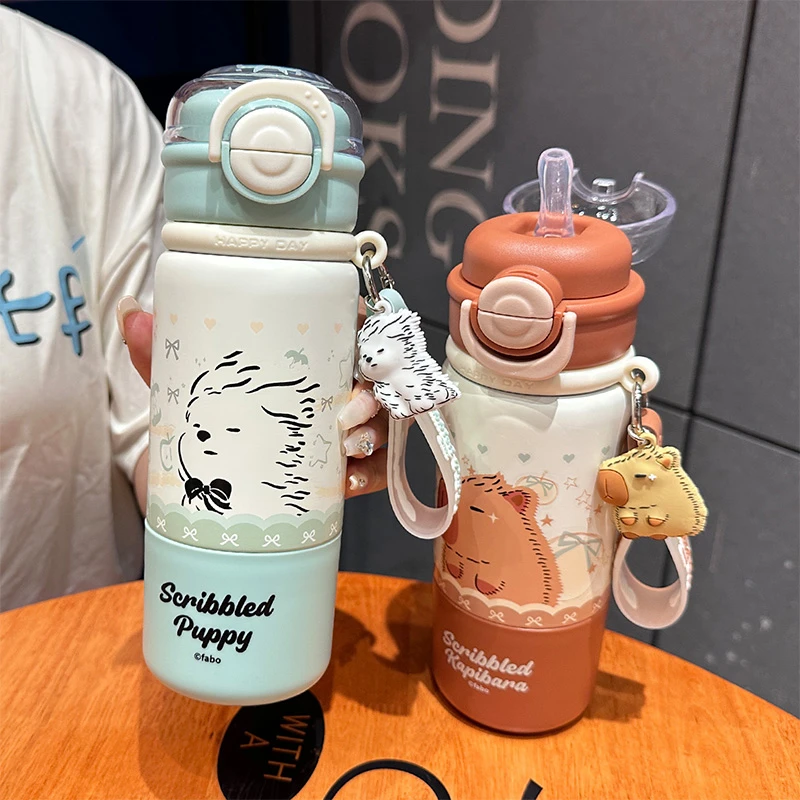卡皮巴拉保温杯儿童水杯学生上学专用吸管杯带盖双饮杯子2025新款