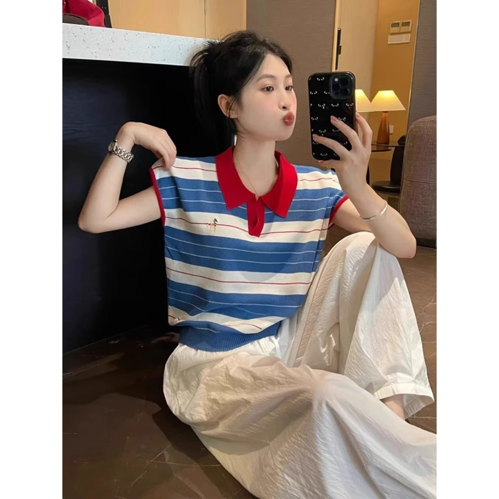 韩系撞色Polo领条纹针织正肩短袖t恤女夏季时尚小众冰丝显瘦上衣