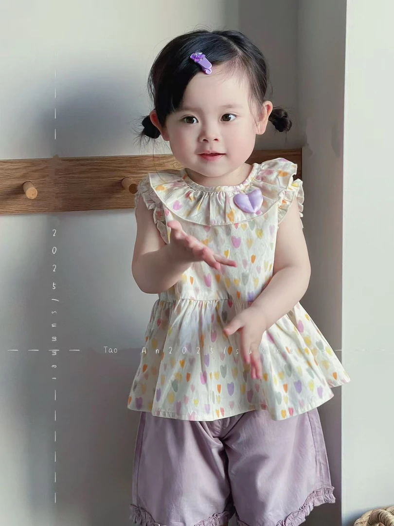 【XTL】2025新夏紫色爱心娃娃衫木耳边七分裤套装66137