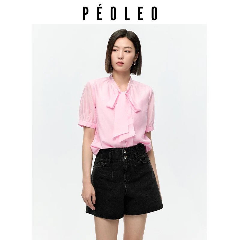 飘蕾2025夏季新款简约系带纯色气质短袖衬衫女PK3309034