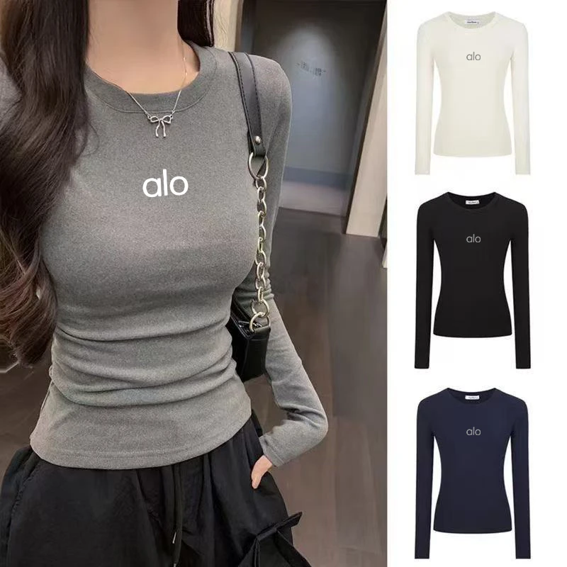 桐森服装 alo辣妹长袖T恤女圆领印花修身正肩健身训练运动上衣女