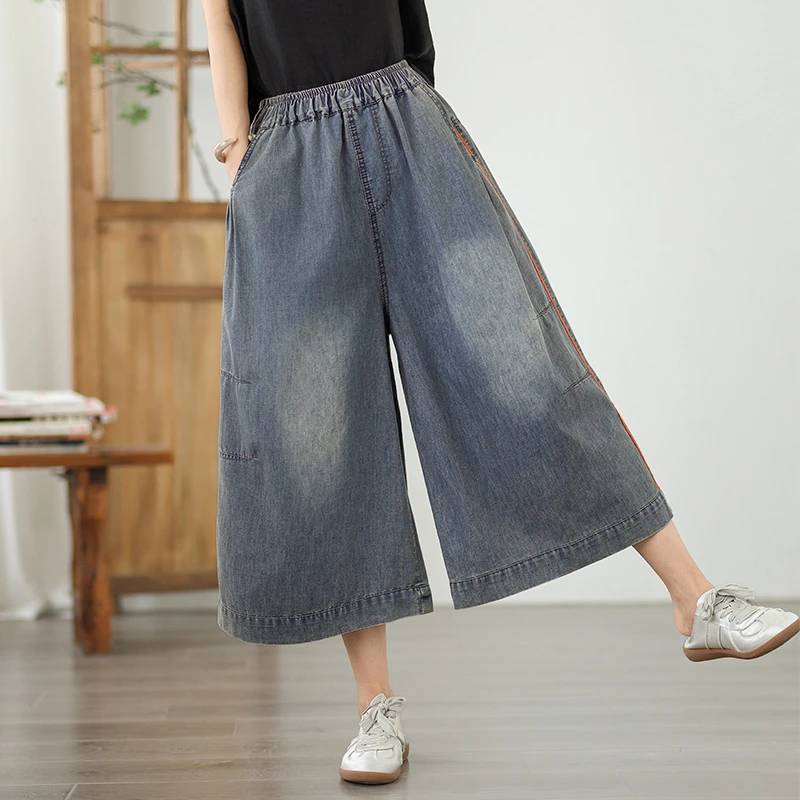 2025夏季新款复古水洗休闲牛仔裤显瘦高腰大码拼接八分阔腿裤子女