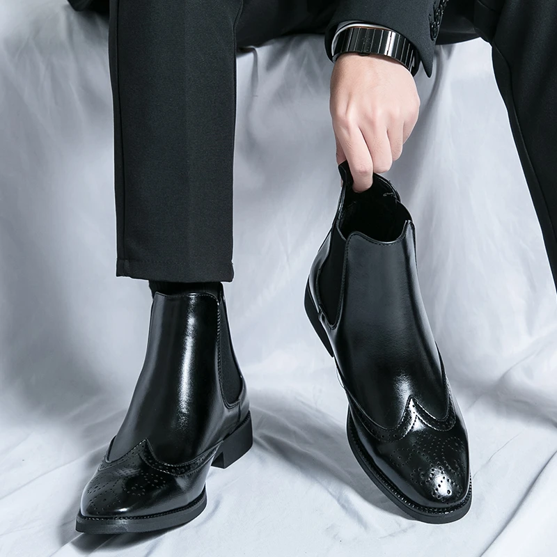 高帮男士增高切尔西皮鞋尖头英伦休闲发型师潮流商务正装韩版短靴