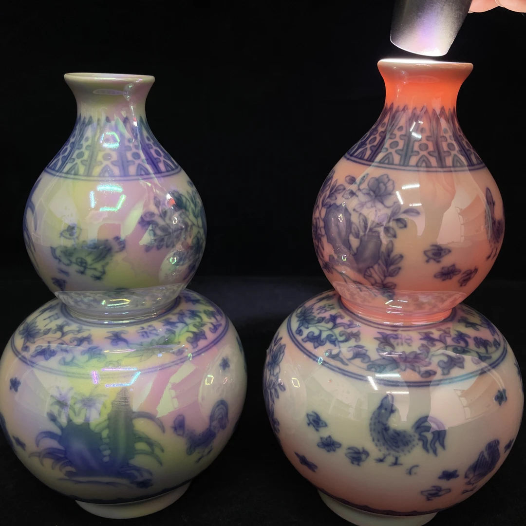 七彩光青花红胎鸡缸胡芦赏瓶摆件