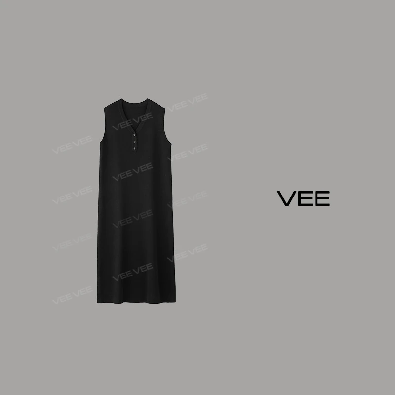 VEE【纸片人】新品时尚显瘦条纹针织V领背心无袖百搭连衣裙