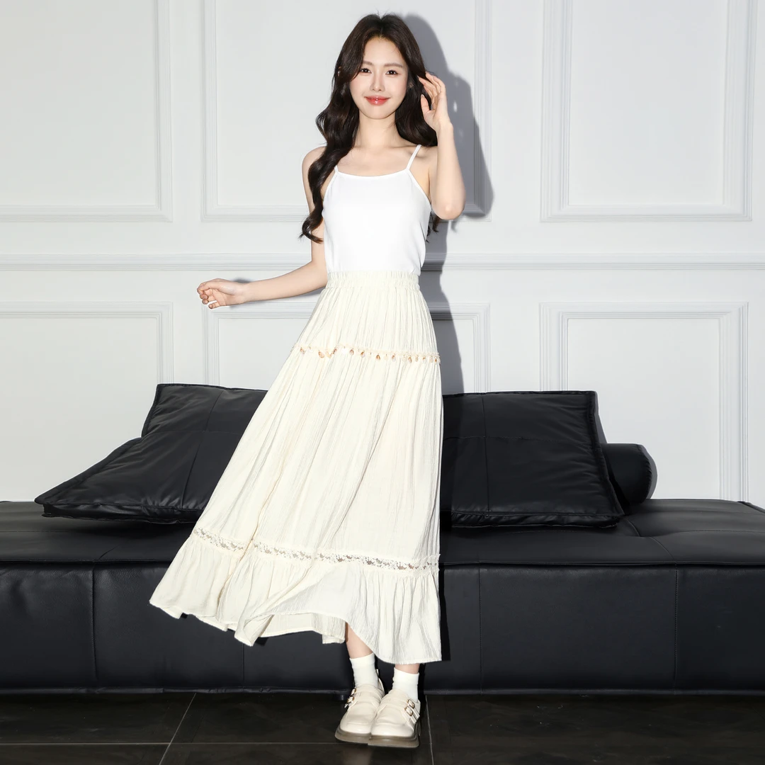 杏色流苏拼接半身裙女夏2025夏季新款高腰显瘦A字大摆伞裙长裙子