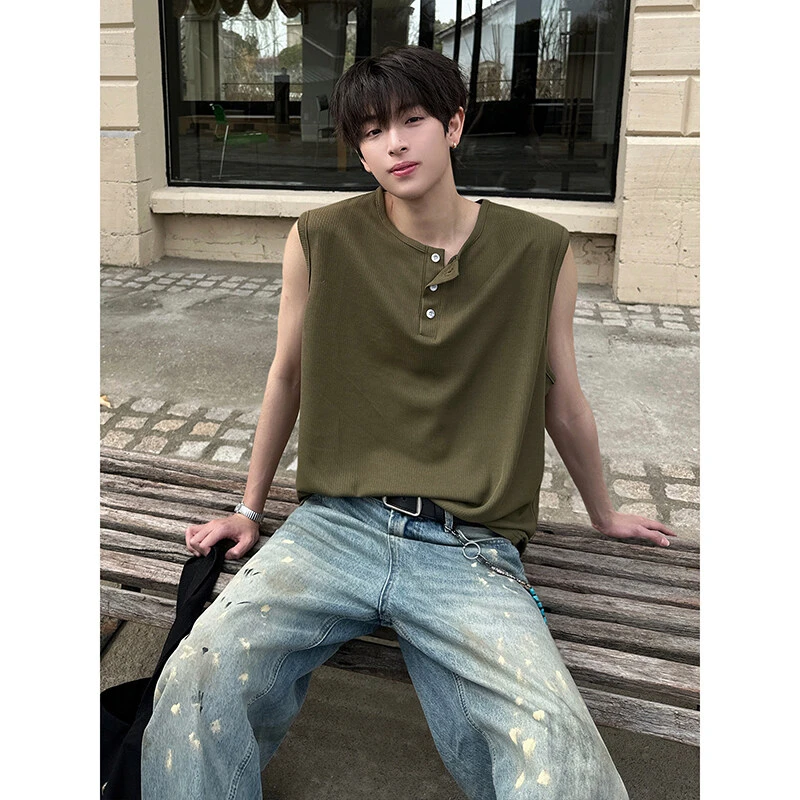 cleanfit白色亨利领背心男夏季2025新款美式潮牌运动坎肩无袖t恤T