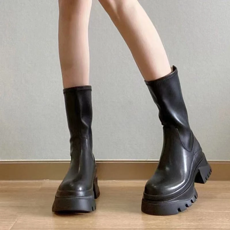 品牌2024年新款秋冬中筒靴短靴女弹力瘦瘦靴小个子厚底增高马丁靴