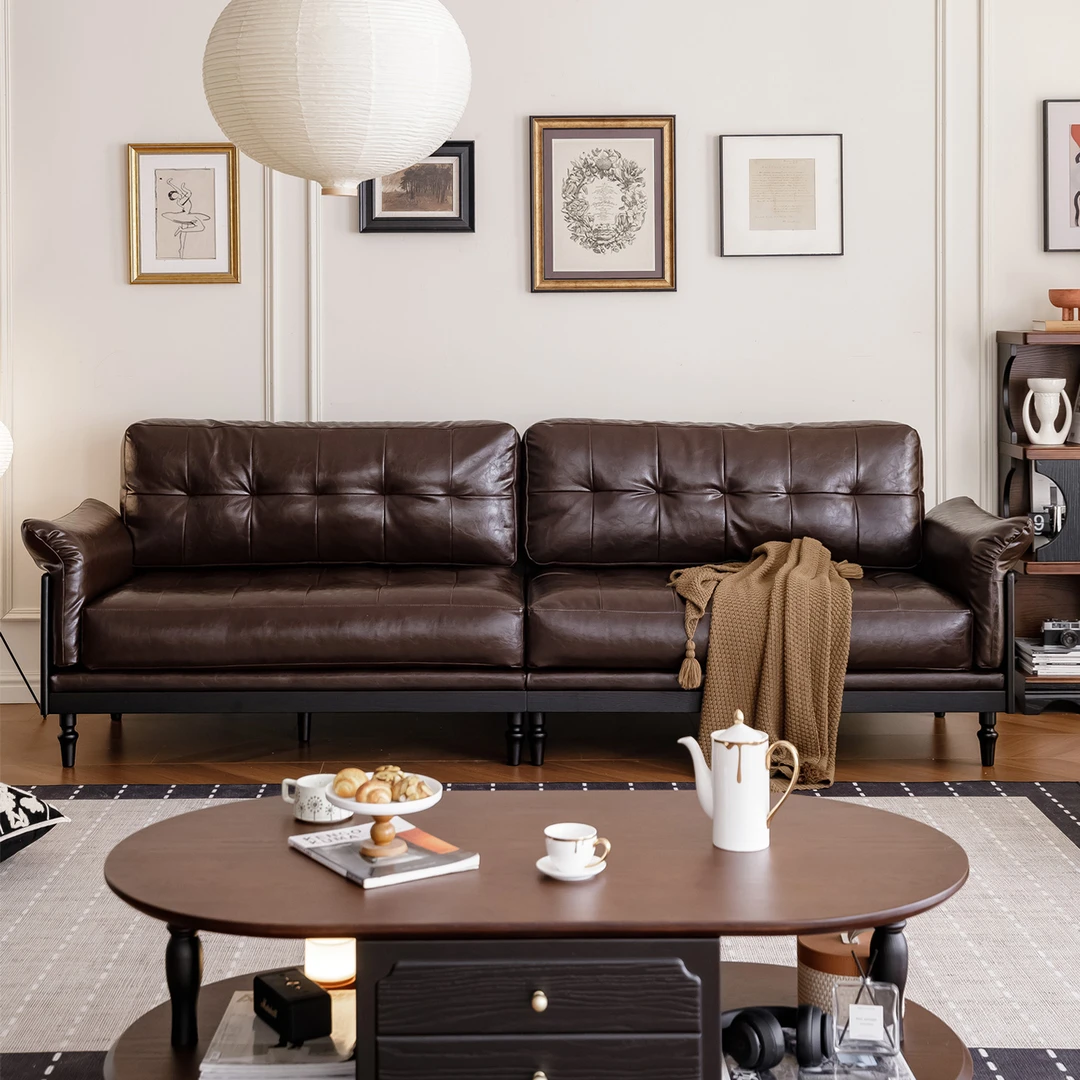 中古风实木真皮沙发新款法式客厅家用三人沙发美式红橡木肯尼沙发