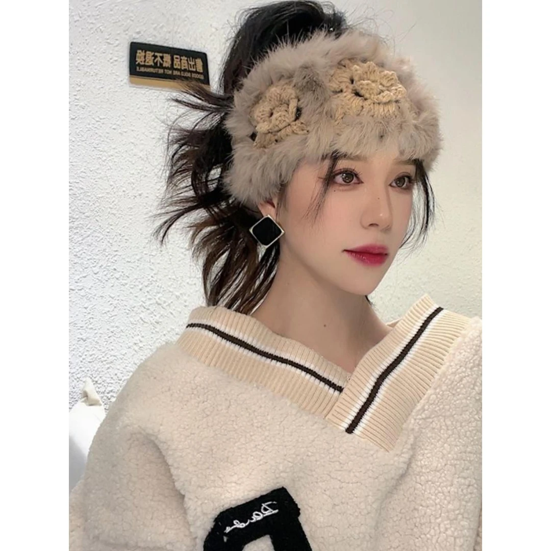 秋冬女兔发带出门长毛绒发带皮草针织混纺头巾保暖流行发带新潮