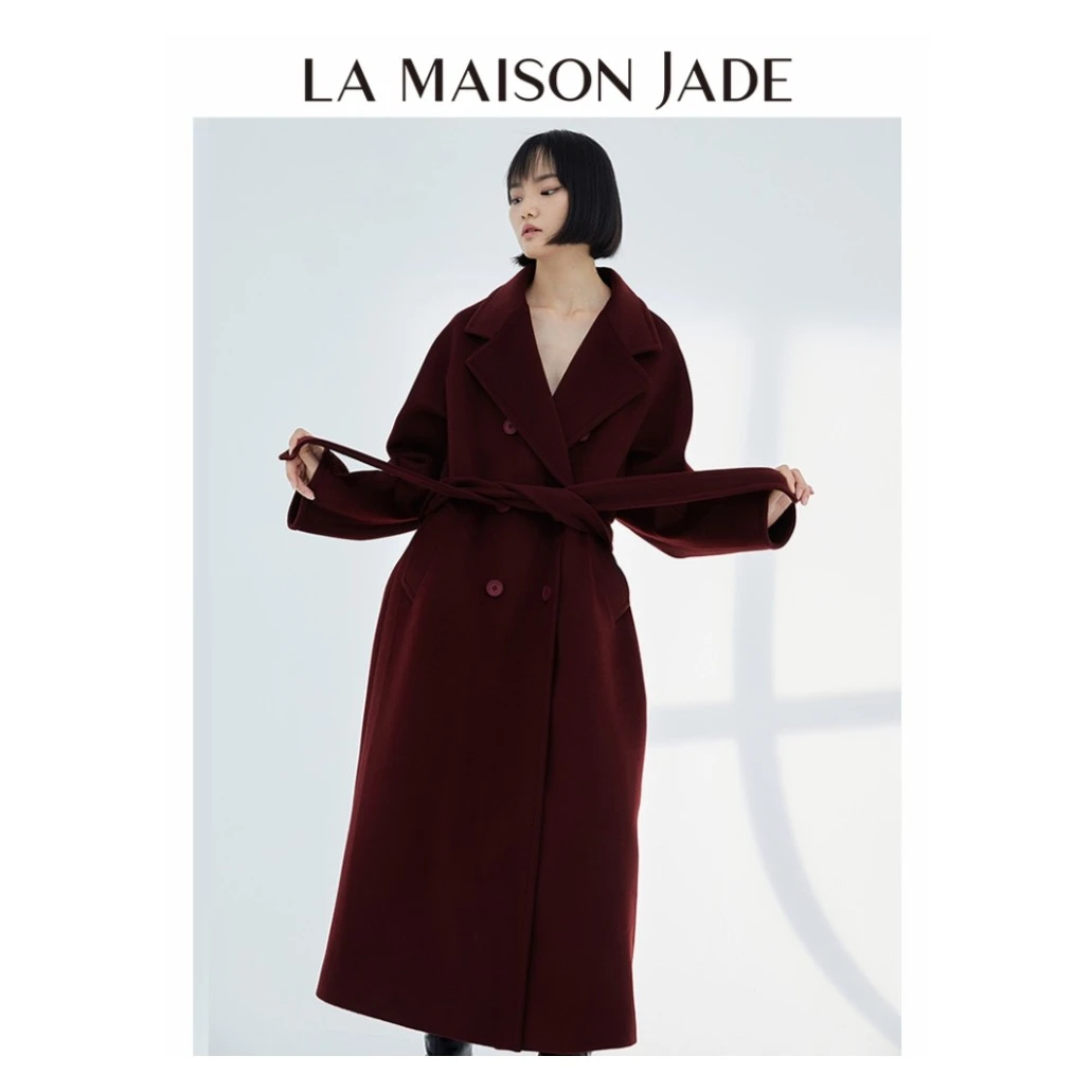 【顾文婷推荐】 玉琼国风 双排束腰大衣 酒红色 J42381242