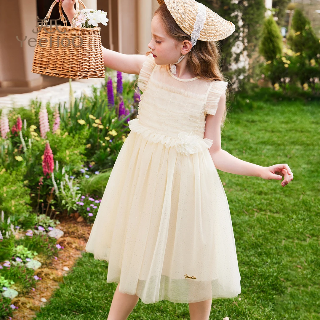 英氏【夏季连衣裙】女童连衣裙夏季中大童网纱花朵裙子飞袖闪闪