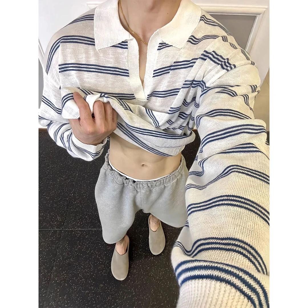 V领条纹Polo衫长袖t恤男款夏季轻薄冰丝防晒罩衫慵懒松弛针织上衣