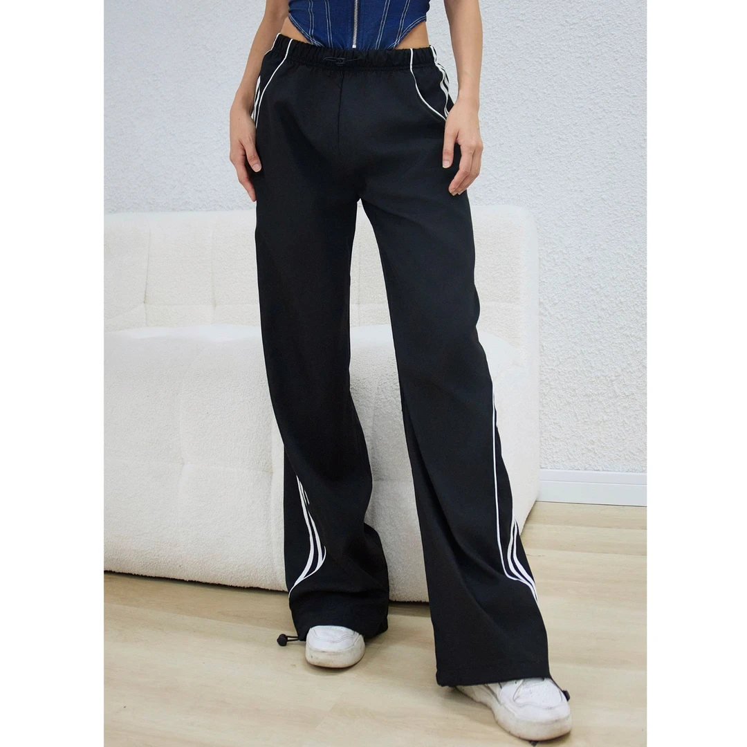 欧美风春夏纯色宽松街头时尚高腰直筒抽绳休闲裤薄款