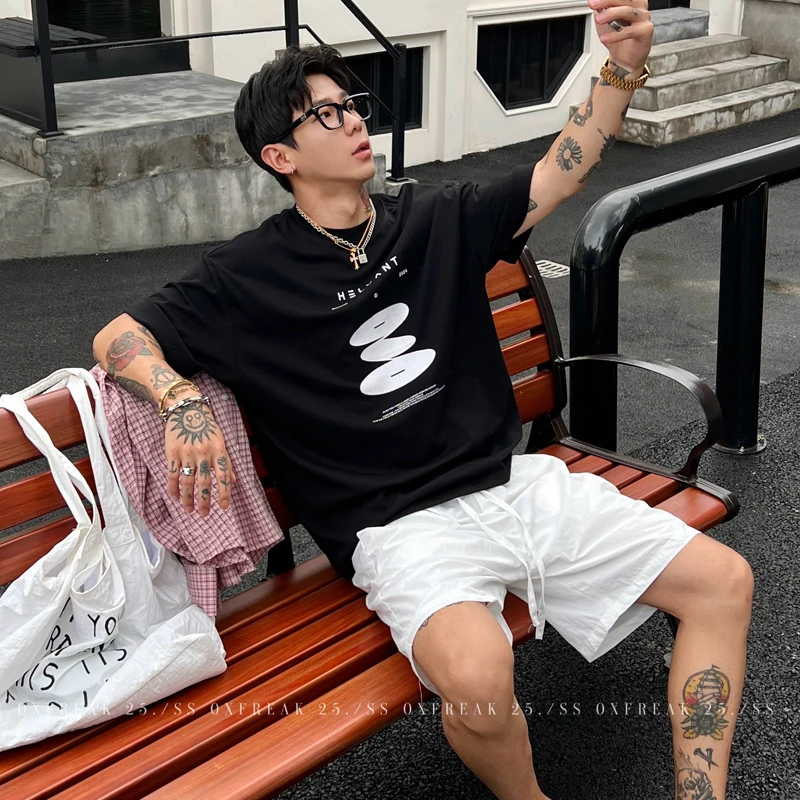 OXFREAK「圆形光盘印花」300g重磅纯棉短袖t恤男宽松圆情侣半袖