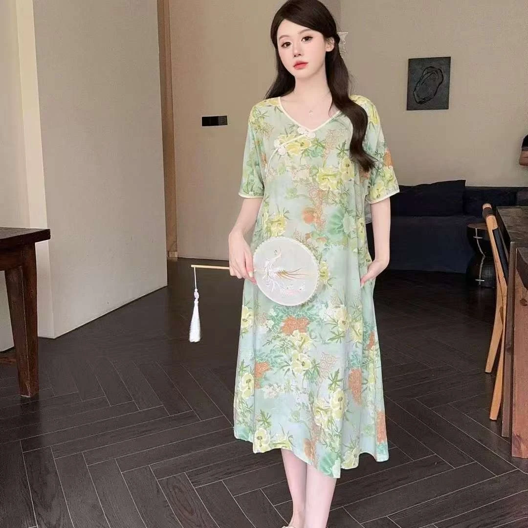 【旗袍睡裙】2025年新款夏季中国风中式宽松气质时尚显瘦印花睡裙-G