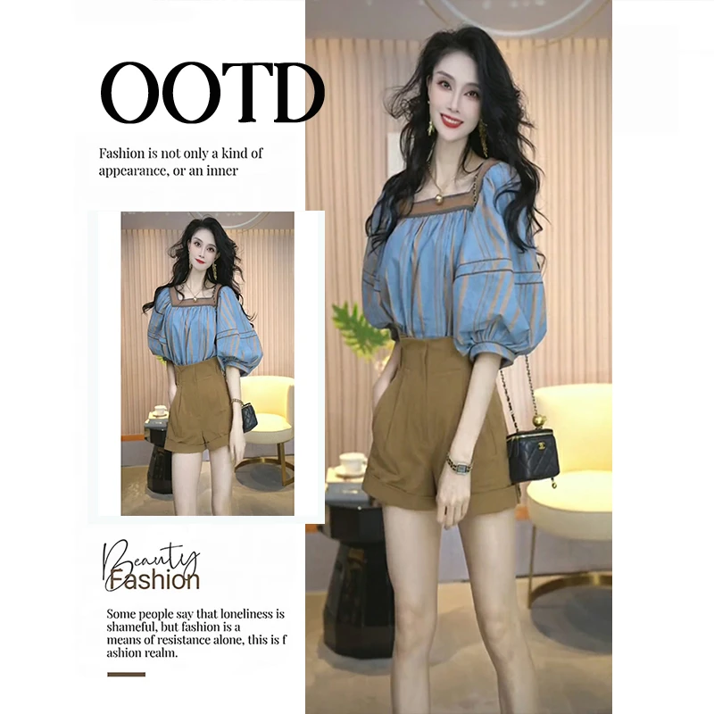 【浅浅专属】夏季套装女法式复古设计感方领短袖衬衫显瘦短裤两件套