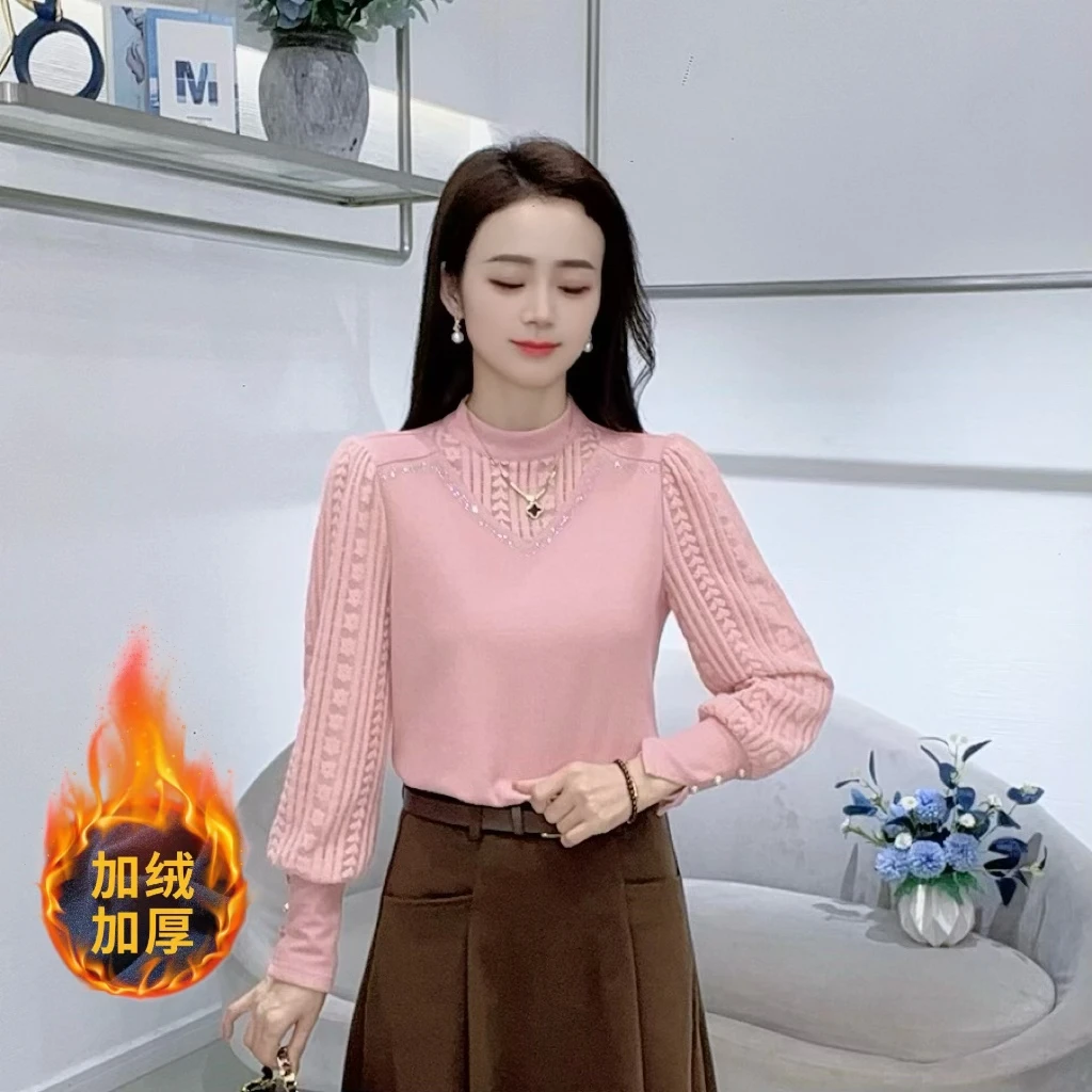 A9038冬季新款磨毛蕾丝长袖拼接打底衫女韩版洋气显瘦上衣